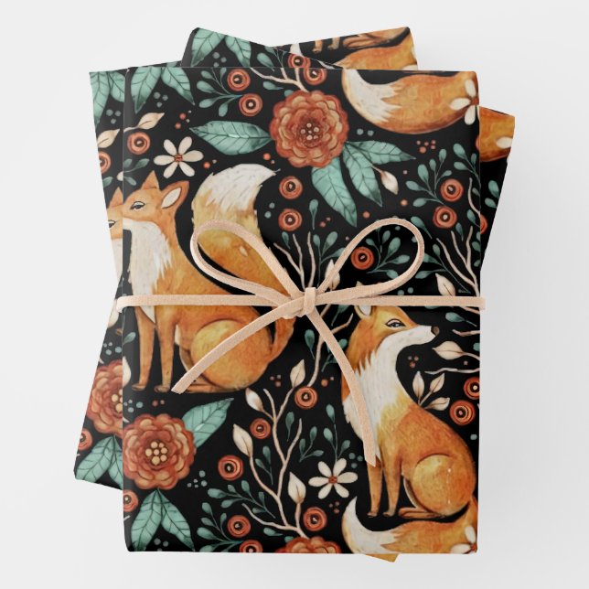 Mystical Woodland Fox with Moons and Moths Wrapping Paper Sheet (In situ)