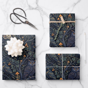 Mystical Woodland Owl and Mushroom Dark Botanical Wrapping Paper Sheet