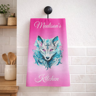 Mystical Woodland  Wolf Turquoise Pink  Tea Towel