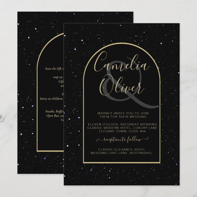 Mystique BLACK GOLD Starry Night Wedding Invitation (Front/Back)