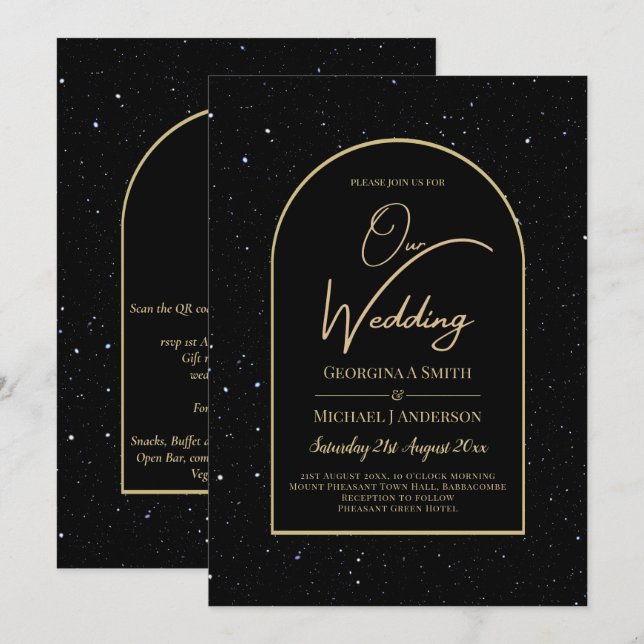 Mystique BLACK GOLD Starry Night Wedding Invitation (Front/Back)