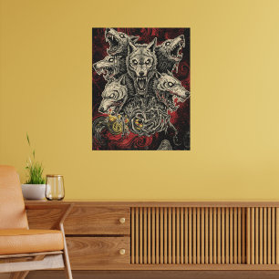 Mythic Multi-Head Wolf in Dark Swirls Poster
