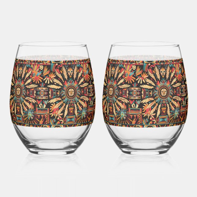 Mythic Sapphire "Aztec Dream" 16oz Stemless Wine G Stemless Wine Glass (Front)