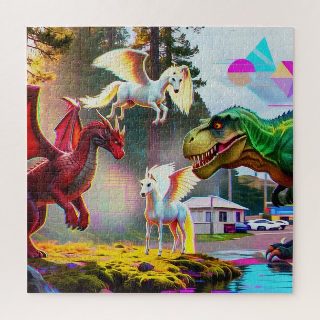 Mythical and Prehistoric Pegasus, Dragon, Dinosaur Jigsaw Puzzle (Vertical)