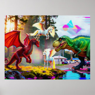 Mythical and Prehistoric Pegasus, Dragon, Dinosaur Poster