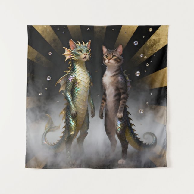 Mythical Cat-Dragon Creatures Tapestry (Front)