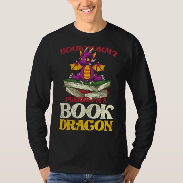 Mythical Creature Bookworm  Reading Book Dragon T-Shirt (Front)