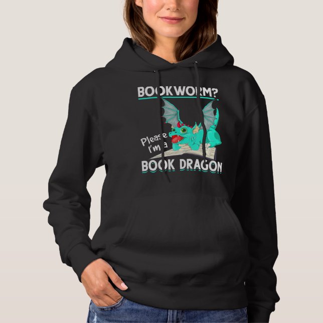 Mythical Creature Reading Bookworm  Book Dragon Hoodie (Front)