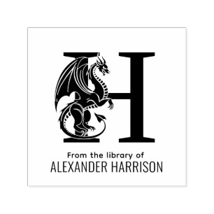 Mythical Dragon Over Single Bold Initial Name Book Self-inking Stamp