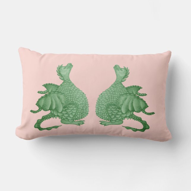 mythical fantasy creatures two cute green dragons lumbar cushion (Front)