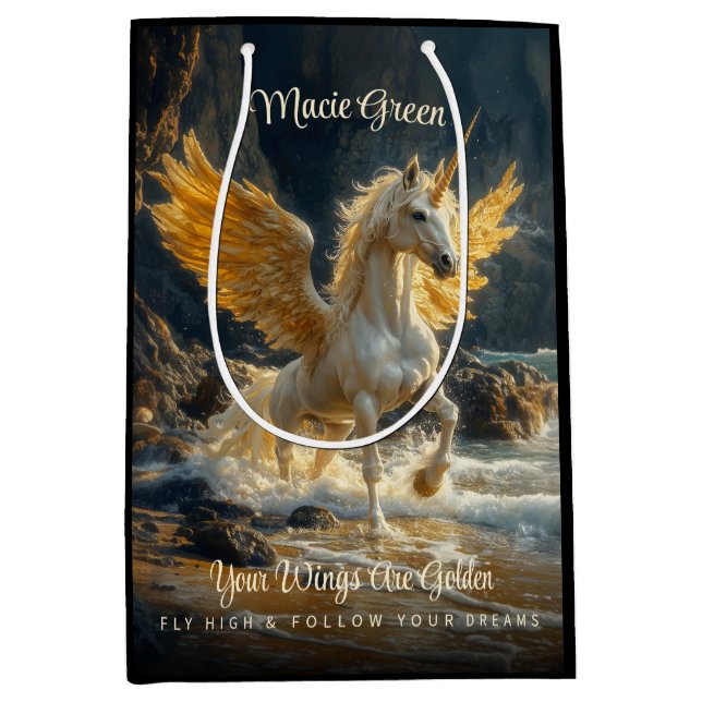 Mythical Golden Winged Pegasus Ocean Fantasy Horse Medium Gift Bag (Front)