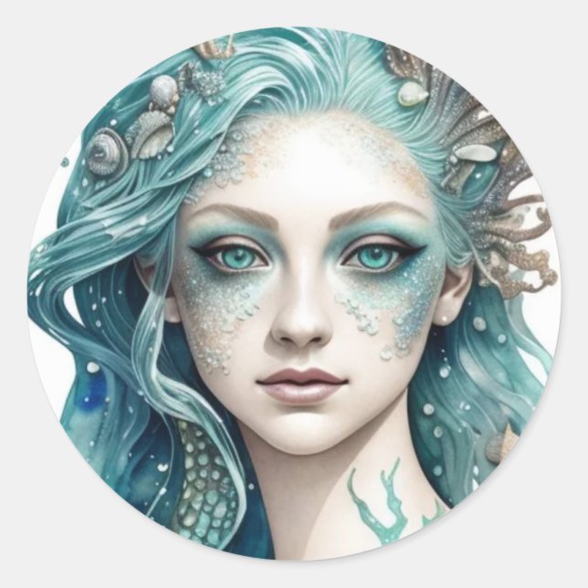 Mythical mermaid goddess round stickers (Front)