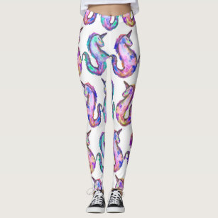Mythical Pink Teal Unicorn Seahorse Watercolor Leggings
