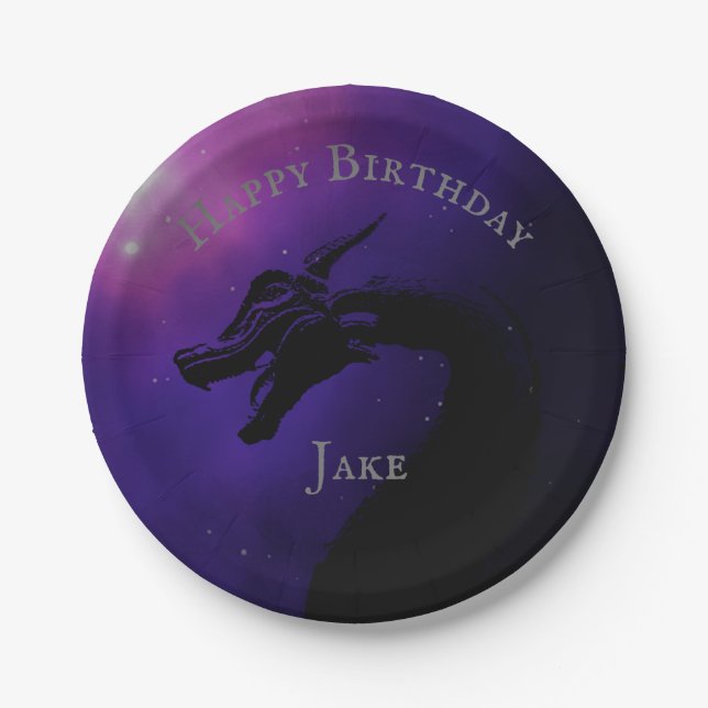 Mythical Purple Moonlit Dragon Happy Birthday Paper Plate (Front)