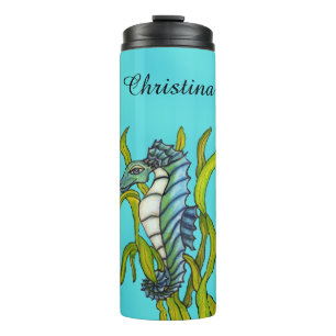 Mythical Sea Dragon Wrapped in Seaweed Aqua Blue Thermal Tumbler