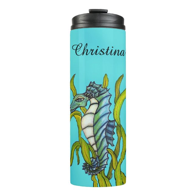 Mythical Sea Dragon Wrapped in Seaweed Aqua Blue Thermal Tumbler (Front)