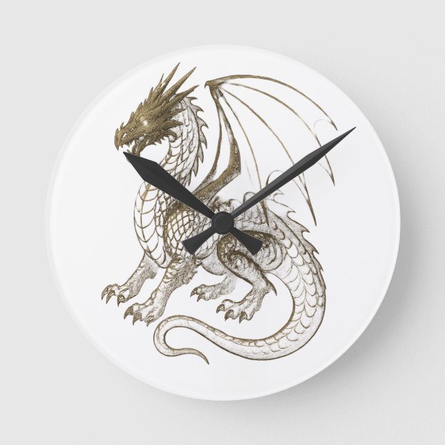 Mythical Silver Dragon Vintage Fantasy Graphic  Round Clock (Front)