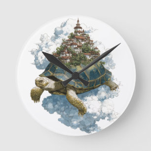 Mythical Sky Tortoise Carrying a Floating City Round Clock