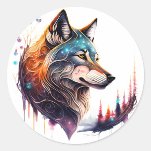 Mythical Spiritual Animal Wolf Sticker, Magical Classic Round Sticker