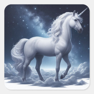 Mythical Unicorn in a Setting of Stars and Clouds Square Sticker