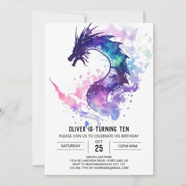 Mythical Whimsical Kids Dragon Birthday Invitation (Front)