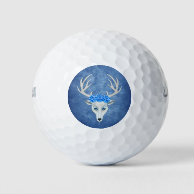 Mythical White Deer Head Antlers Blue Eyes Roses Golf Balls (Front)