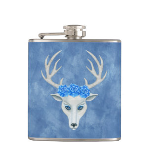 Mythical white Deer Head Antlers Face Blue roses Hip Flask