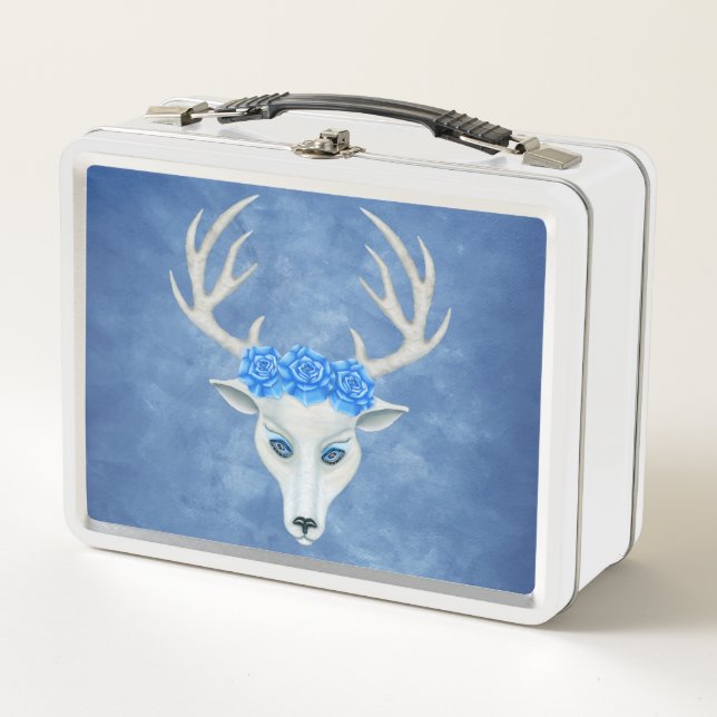 Mythical White Deer Head Big Antlers Roses on Blue Metal Lunch Box (Front)