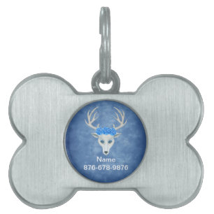 Mythical White Deer Head With Roses Antlers Blue Pet ID Tag