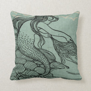 Mythical Young Mermaid Aqua Blue Sea Shore Scene Cushion