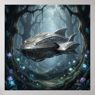 Mythological Cosmic Cruiser Hovering Over Biolumin Poster