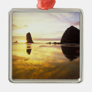 N.A., USA, Oregon, Cannon Beach Sunset with Metal Tree Decoration