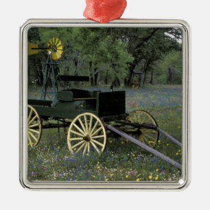 N.A., USA, Texas, Devine, Old wagon and Metal Tree Decoration