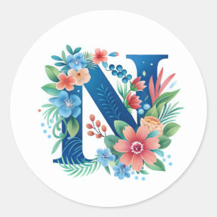 N blue monogram with flowers classic round sticker