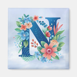 N blue monogram with flowers magnet
