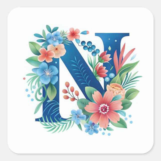 N blue monogram with flowers square sticker (Front)