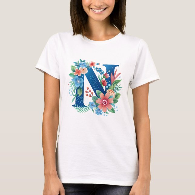 N blue monogram with flowers T-Shirt (Front)