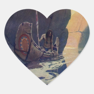 N. C. Wyeth Indian Canoe Paddling Illustration Art Heart Sticker