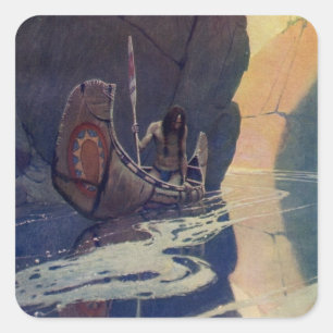 N. C. Wyeth Indian Canoe Paddling Illustration Art Square Sticker