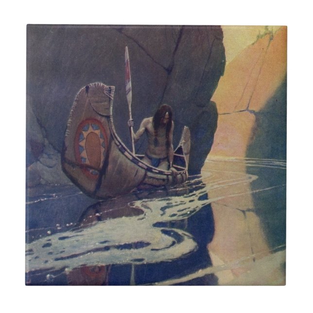N. C. Wyeth Indian Canoe Paddling Illustration Art Tile (Front)