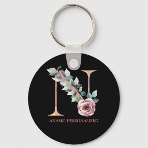 N Floral Monogram Name Letters Pink Agate Keychain