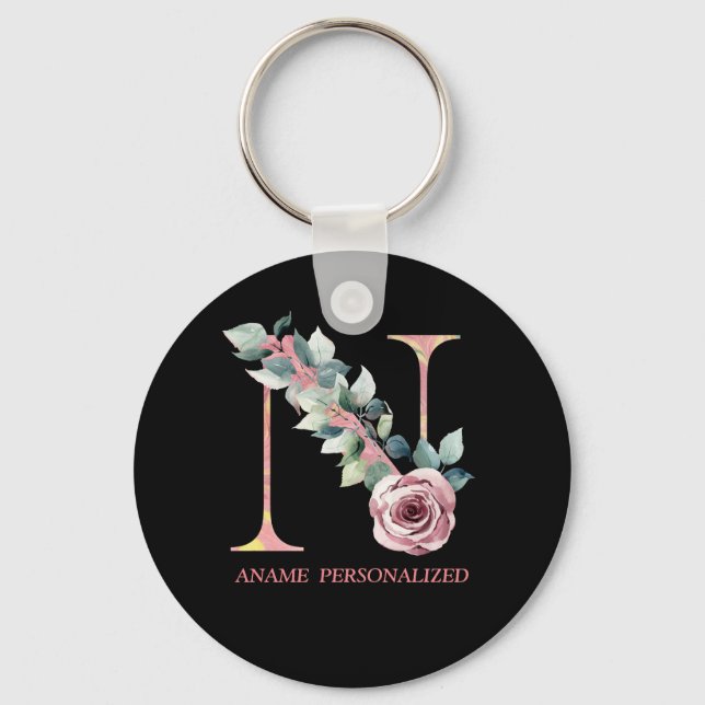 N Floral Monogram Name Letters Pink Agate Keychain (Front)