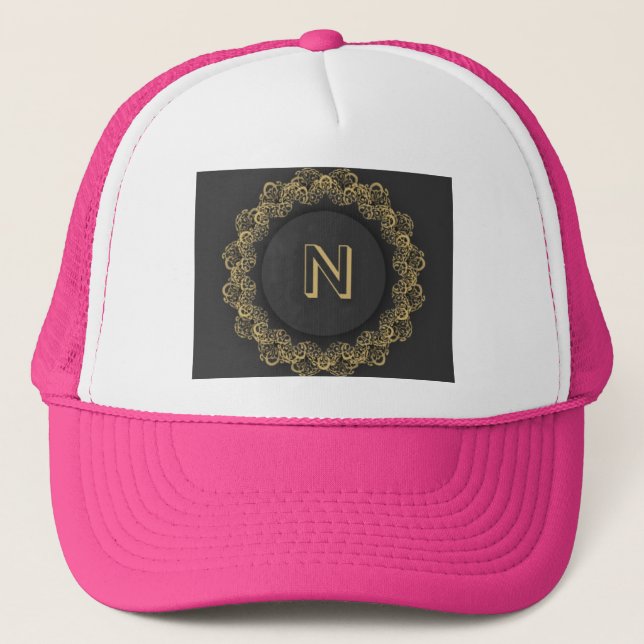 N Letter Initial Monogram Circle Hot Pink Colour Trucker Hat (Front)