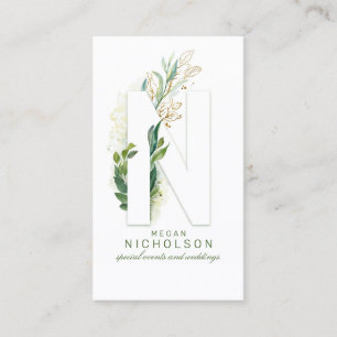 N Letter Monogram Gold Greenery Leaves Elegant Business Card