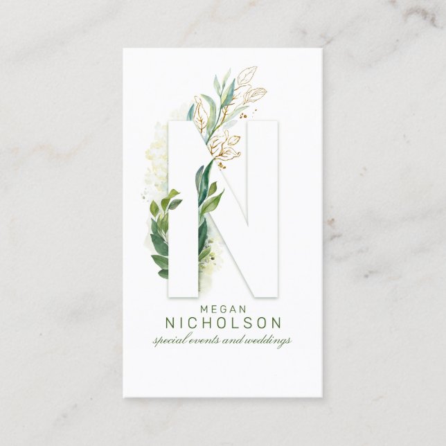 N Letter Monogram Gold Greenery Leaves Elegant Business Card (Front)