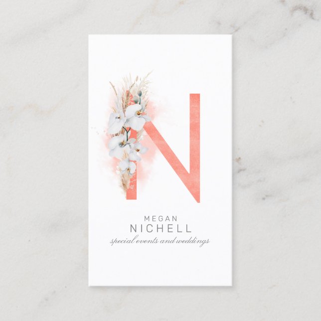 N Letter Monogram White Orchids and Pampas Grass Business Card (Front)