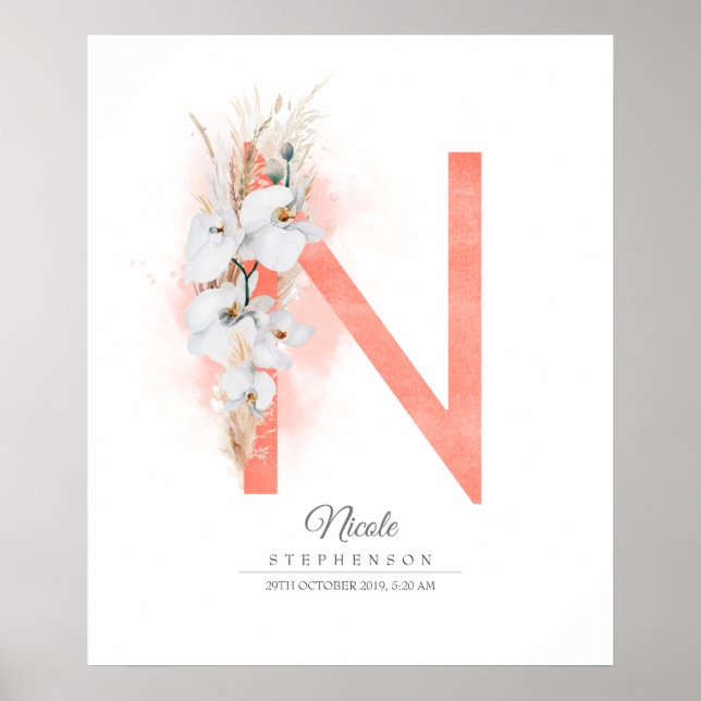 N Letter Monogram White Orchids and Pampas Grass Poster (Front)