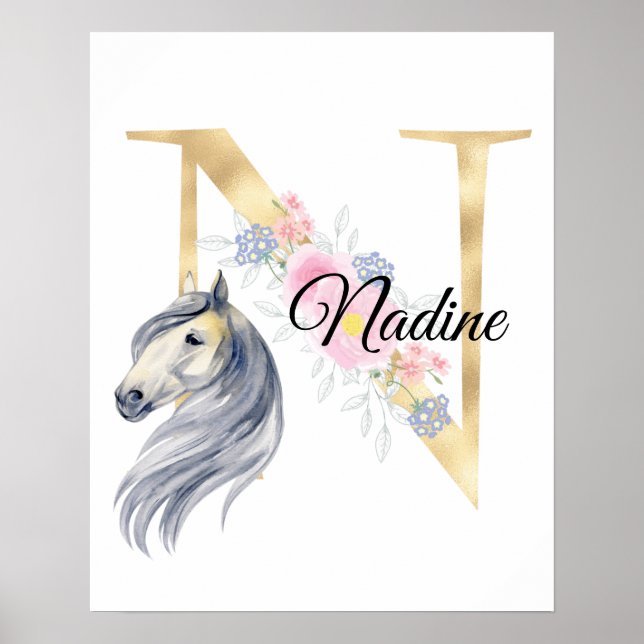 N letter personalized name monogram with horse poster (Front)