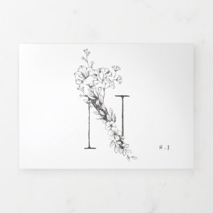 'N' Monogram Beautiful Sketched Floral Wedding Tri-Fold Invitation