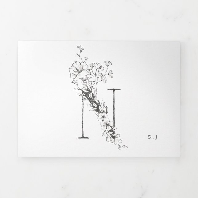 'N' Monogram Beautiful Sketched Floral Wedding Tri-Fold Invitation (Cover)